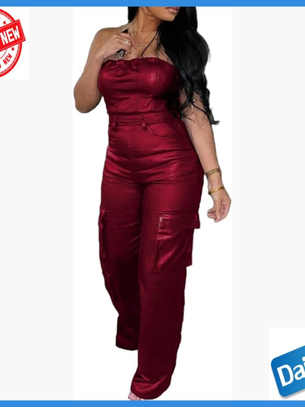 PU Leather Jumpsuit Off Shoulder Slim Fit Cargo Pants Bodysuit Small